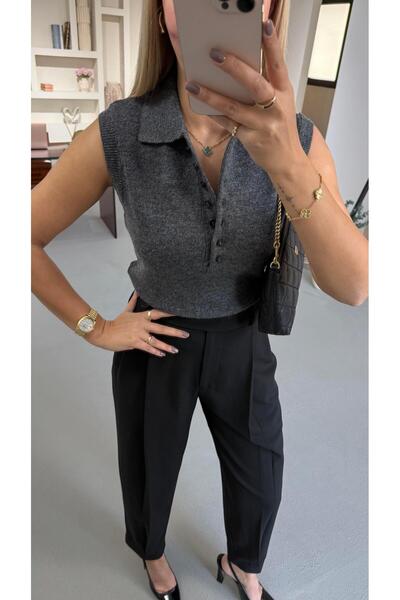 Sezgi Tekin Sleeveless Polo Neck Buttoned Anthracite Knitwear