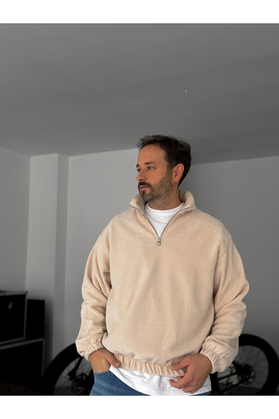 BYBASICMAN Beige Half Zip Plush Sweatshirt Jj-173