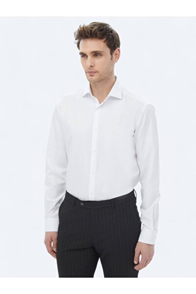 Kip White Plain Regular Fit Woven Classic Cotton Blend Shirt