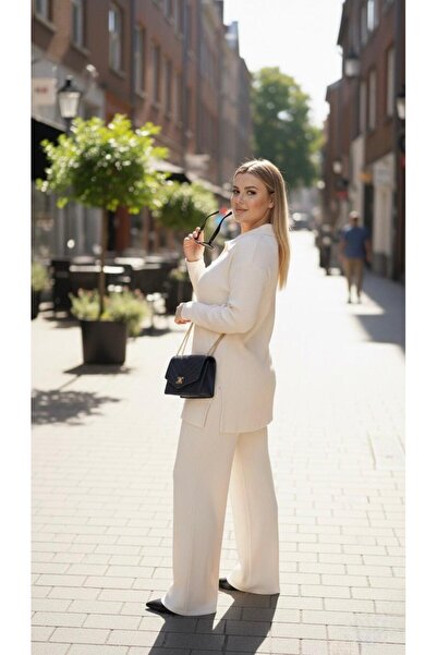 Koza Butik Women's Plus Size Shirt Collar Buttoned Ribbed Knit Fabric Tracksuit Set 8232-26