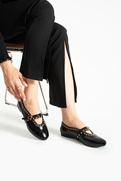 stato - Black Color Buckle Faux Leather Women's Ballerinas