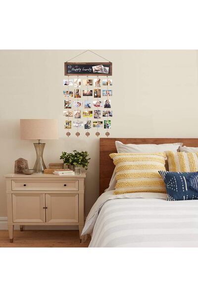 Aputue Wood Photo Board with 30 Clips, Hanging Photo Display with Adjustable Twines and Blackboard