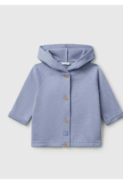 United Colors of Benetton Baby Blue Hooded Sweatshirt with Text on the Back and Printed Logo Labels