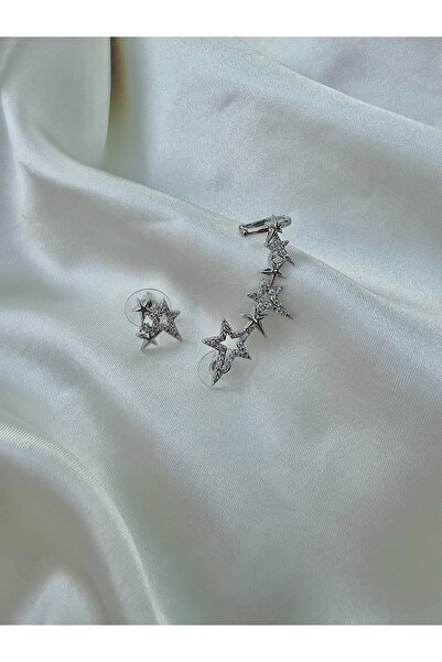 Eylülün Takısı Women's Silver Color Polar Star Double Earrings Set