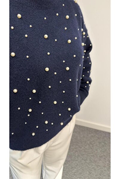 RECEP AYDIN Navy Blue Pearl Detailed Knitwear Sweater