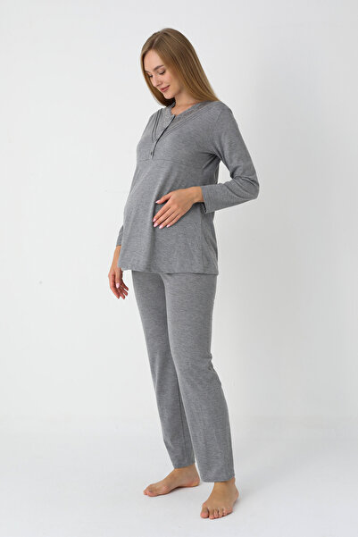 ERDENİZ TEKSTİL Long Sleeve Combed Cotton Maternity Pajamas and Robe Set Maternity Set 3-Piece Set