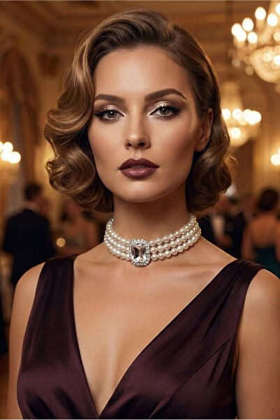 Happyline İncili taşlı gümüş kaplama inci tasma choker kolye özel tasarım kol...