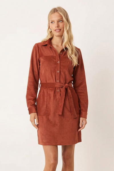 armonika Women's Tile Front Buttoned Pocket Belted Velvet Dress Arm-25K001085