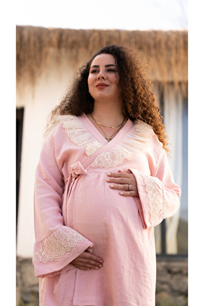 Lollybabies Lohusa Takımı | Pudra Renkli Dantel Detaylı Pijama Seti