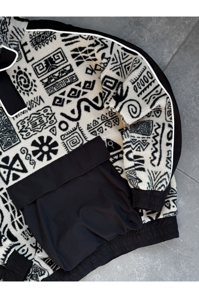 BYBASICMAN Ecru Geometric Patterned Plush Sweatshirt Yp-5030