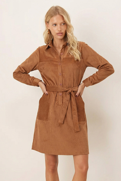 armonika Women's Camel Front Buttoned Pocketed Belted Velvet Dress Arm-25K001085