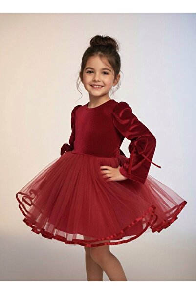 Uğur bebe Κόκκινο βελούδινο χριστουγεννιάτικο φόρεμα – Πρωτοχρονιάτικο φόρεμα για κορίτσια με επένδυση από τούλι