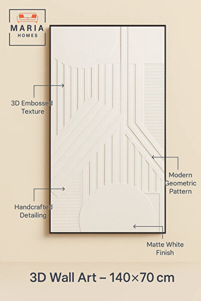 MARIA HOMES White Geometric Textured Wall Art – Modern Minimalist Canvas Decor for Living Room 140*70CM