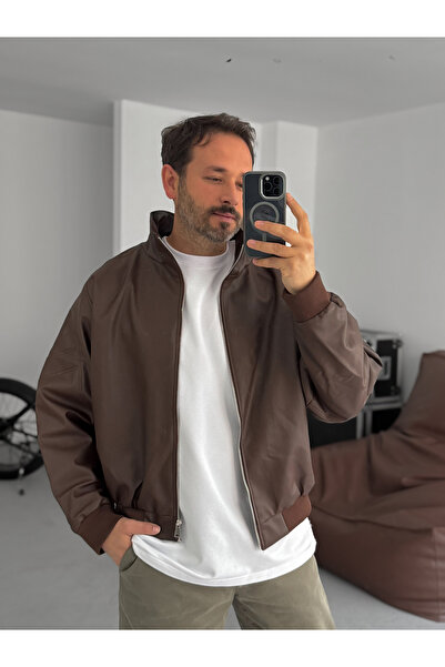 BYBASICMAN Ribbed Leather Jacket with Coffee Color Sleeve Detail Jj-2024