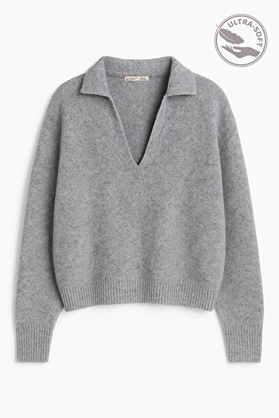 Mixray 7001 Women's Polo Neck Wool Blend Knitwear Premium Sweater Ant. Gray