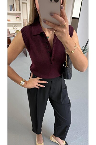 Sezgi Tekin Sleeveless Polo Neck Buttoned Plum Knitwear