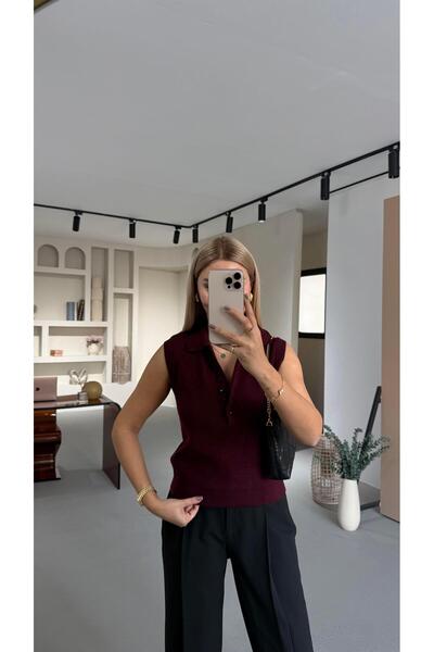 Sezgi Tekin Sleeveless Polo Neck Buttoned Plum Knitwear