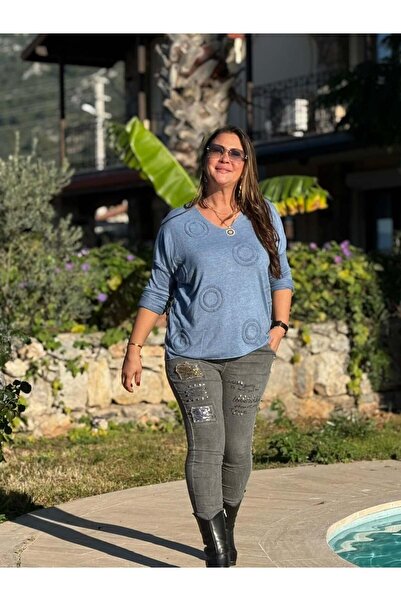 Punta Otantik NC20663 Блузка з V-подібним вирізом та італійським трикотажем, синя