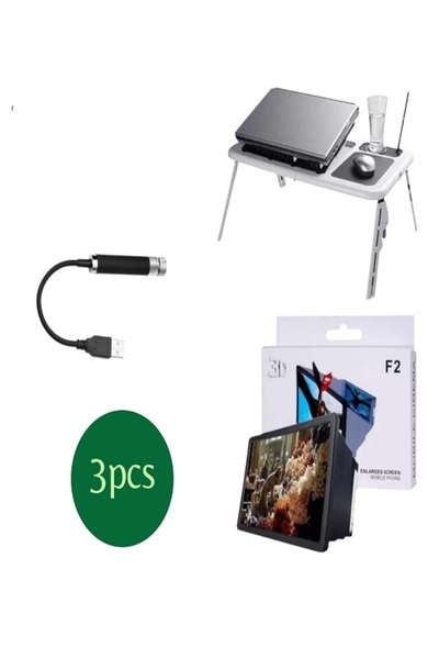 Generic This 3-piece set includes: a foldable laptop table with a mouse pad and cup holder; and a screen magnifying lens.