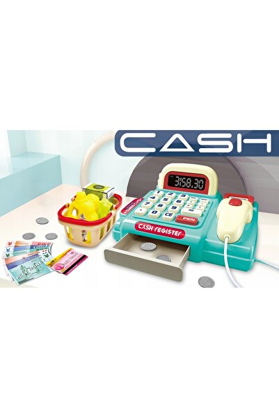 Matadi Cash register with real computer, shopping cart and accessories Blue
