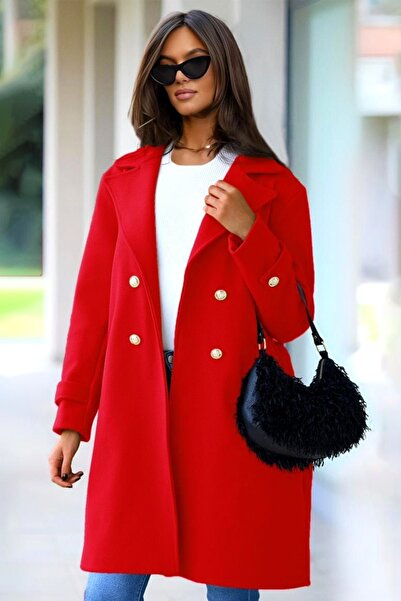 FashionForYou Elegant women's coat Cornelia, with gold buttons and cord, Red