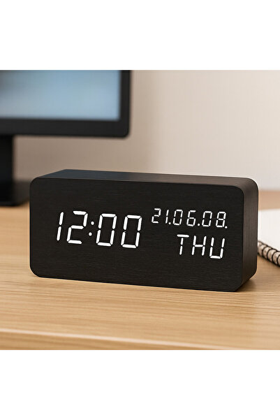 PROCART Digital LED desk clock, temperature/humidity display, alarm, dual power supply, MDF, black