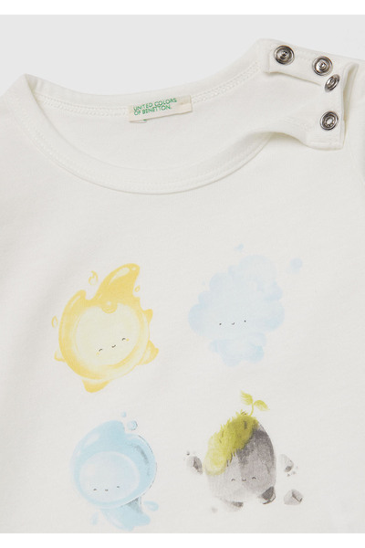 United Colors of Benetton Baby Ecru Mix Long Sleeve T-Shirt with Hidden Buttons on the Front and Printed Shoulders