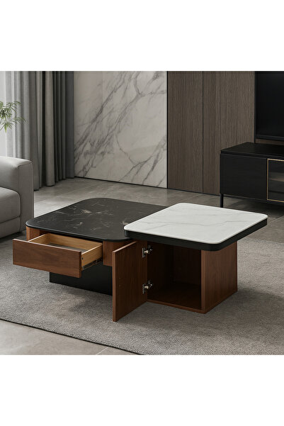 Vi Markets طقم طاولات عصري يجمع بين سطح رخامي أبيض وأسود مع قاعدة خشبية أنيقة.