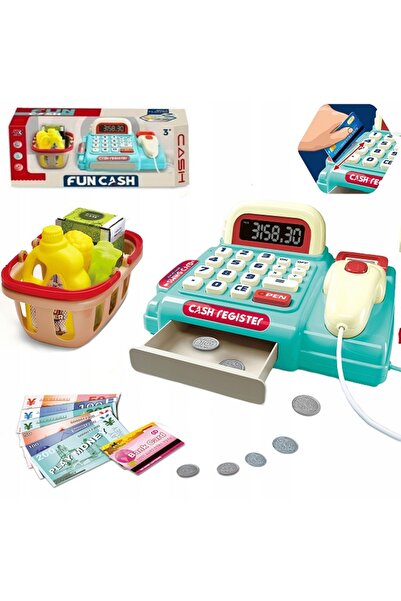 Matadi Cash register with real computer, shopping cart and accessories Blue