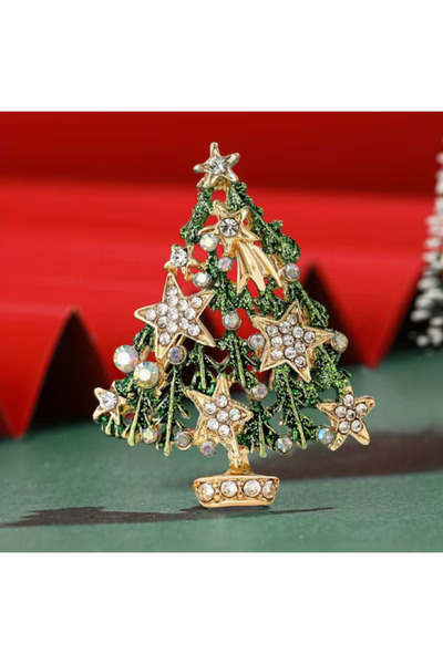 MAURA LIYUZA Yeşil Renkli Zirkon Taşlı Yıldız Detaylı Şık Noel / Yılbaşı Ağacı Tasarım Broş