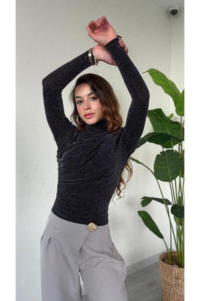 modadagiyim Black Self-Glittering Turtleneck Long Sleeve Gathered Very Stylish Blouse