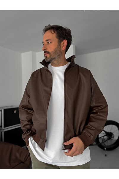 BYBASICMAN Ribbed Leather Jacket with Coffee Color Sleeve Detail Jj-2024