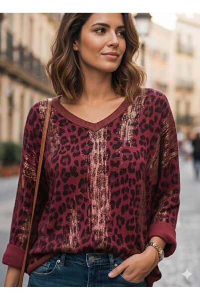 Punta Otantik Nc25192 Glitter Leopard Print Italian Knit Blouse Burgundy