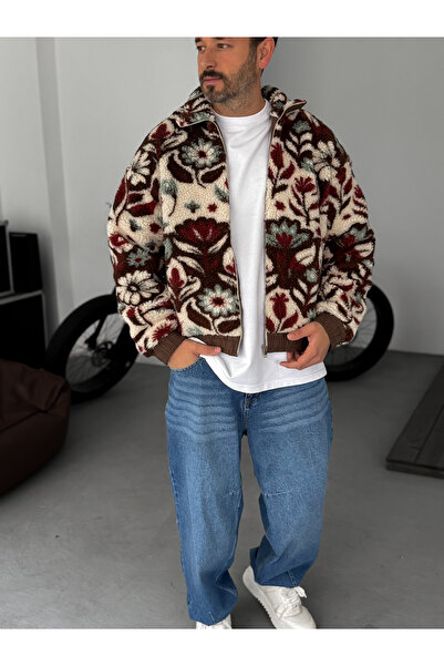 BYBASICMAN Coffee Floral Pattern Zippered Plush Jacket Tw-7077