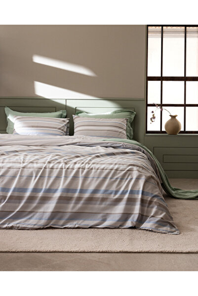 Madame Coco Armende Double Size 100% Cotton Ranforce Printed Duvet Cover Set - Beige/Blue