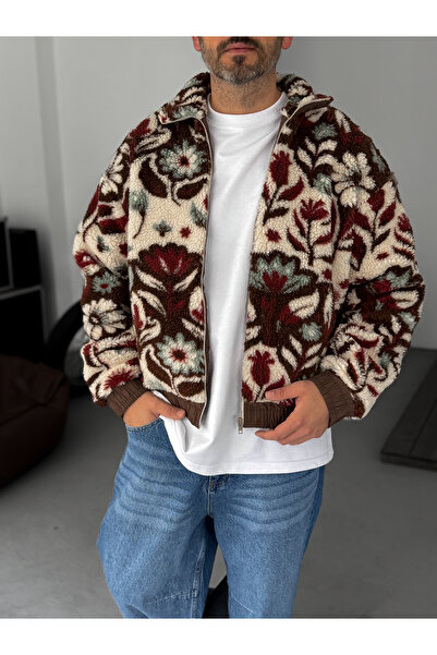 BYBASICMAN Coffee Floral Pattern Zippered Plush Jacket Tw-7077