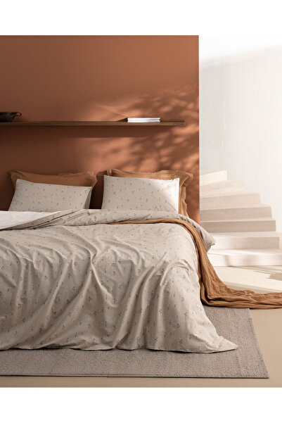 Madame Coco Afrodille Double Size 100% Cotton Ranforce Printed Duvet Cover Set - Beige