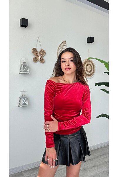 modadagiyim Red Velvet Boat Neck Gathered Long Sleeve Very Stylish Blouse