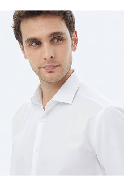 Kip White Plain Regular Fit Woven Classic Cotton Blend Shirt
