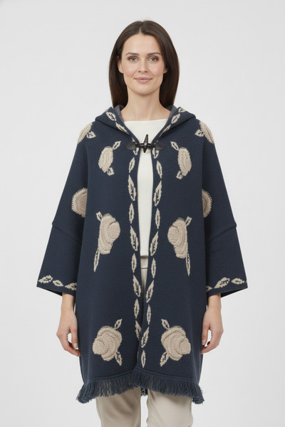 Uludağ Triko Indigo Embossed Rose Patterned K Hooded Women's Poncho