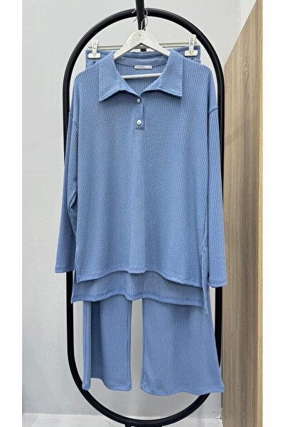 Koza Butik Women's Plus Size Shirt Collar Buttoned Ribbed Knit Fabric Tracksuit Set 8232-26