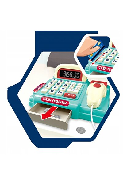 Matadi Cash register with real computer, shopping cart and accessories Blue