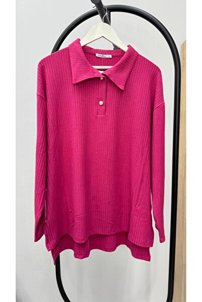 Koza Butik Women's Plus Size Shirt Collar Buttoned Ribbed Knit Fabric Tracksuit Set 8232-26