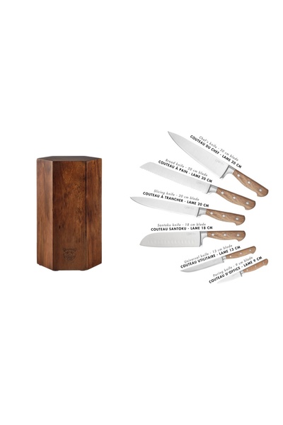 BJORN IMATRA knife holder + Set of 6 JAKOB kitchen knives, satin stainless steel blade, acacia wood handle