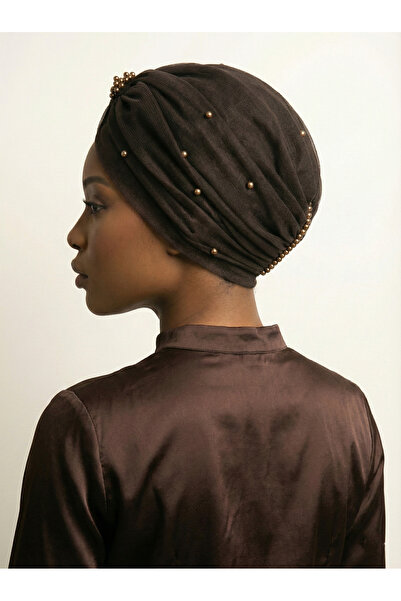 fidan bone Crystal Tulle Lined Brown Ready-To-Wear Turban Hijab Evening Dress Bonnet Medical Suitable