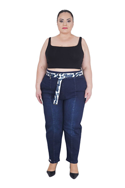 ZANESSI بنطلون نسائي من قماش الدنيم ذو خصر عالٍ وحزام من ماركة Mom مقاس كبير