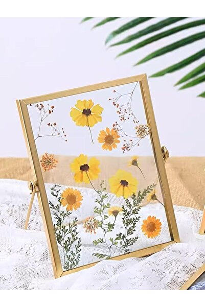 WANGCL Dried Flower Embossed Glass Photo Frame, Brass Glass Artwork Display F...