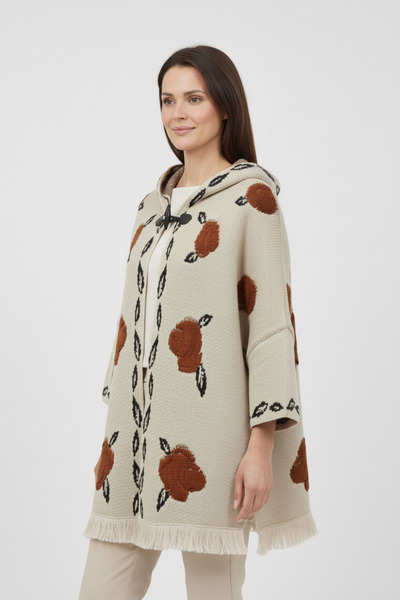 Uludağ Triko Beige Embossed Rose Patterned Hooded Women's Poncho
