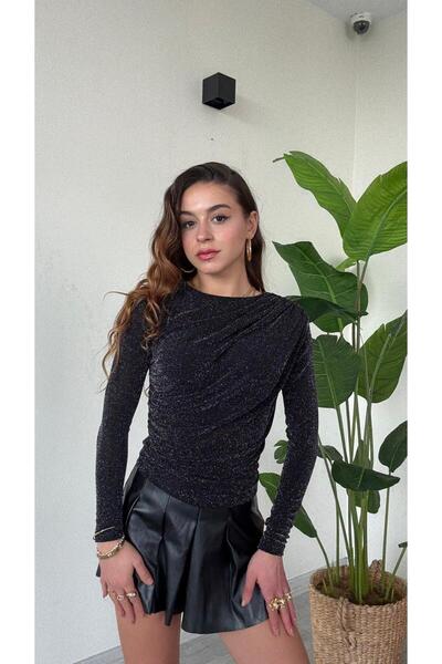 modadagiyim Black Self-Glittering Crew Neck Long Sleeve Gathered Very Stylish Blouse