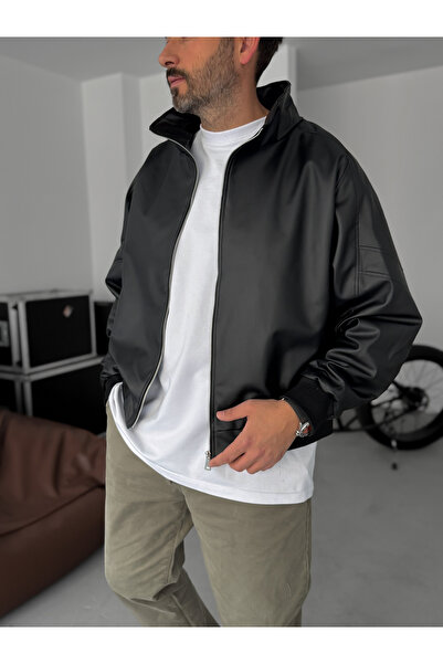 BYBASICMAN Black Ribbed Leather Jacket with Sleeve Detail Jj-2024